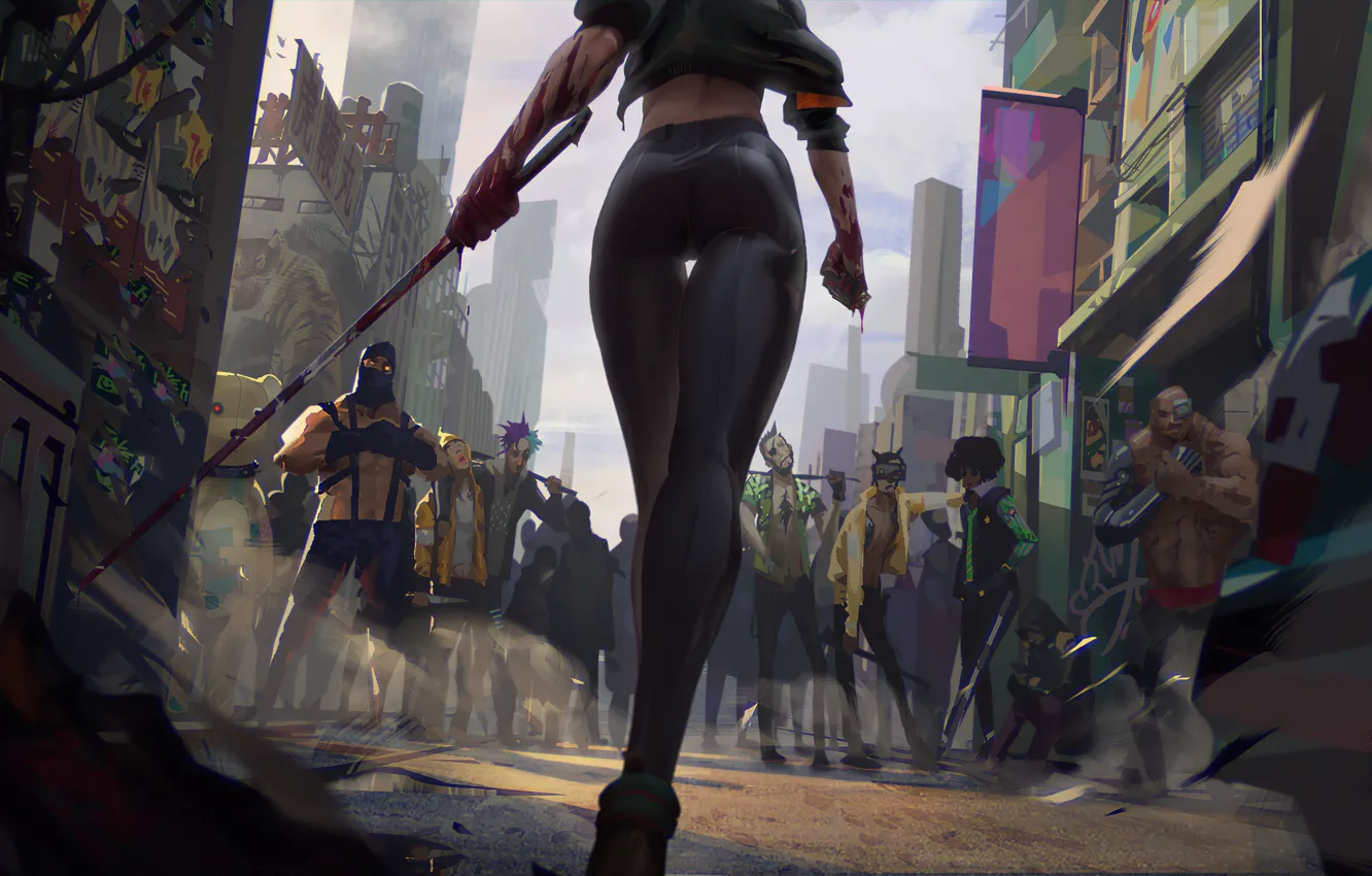 Photo wallpaper cyberpank, peakpx, sity, blood, Future, Girl art