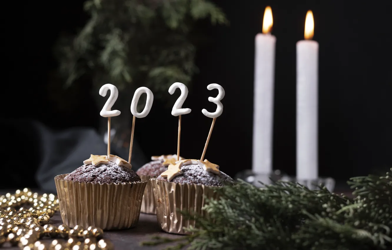 Photo wallpaper branches, holiday, new year, sticks, candles, figures, beads, black background