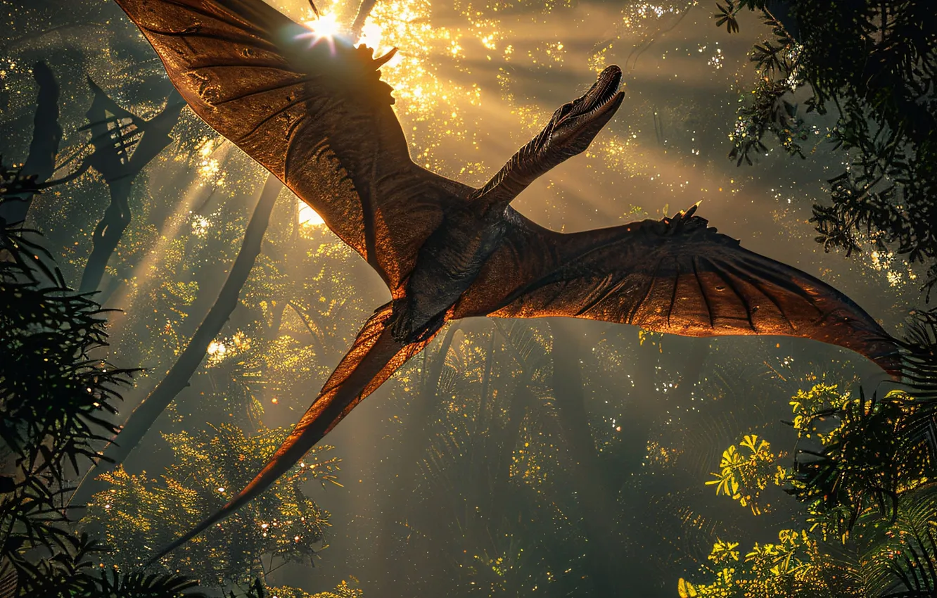 Photo wallpaper flight, animal, wings, dinosaur, jungle, the rays of the sun, pterodactyl, digital art