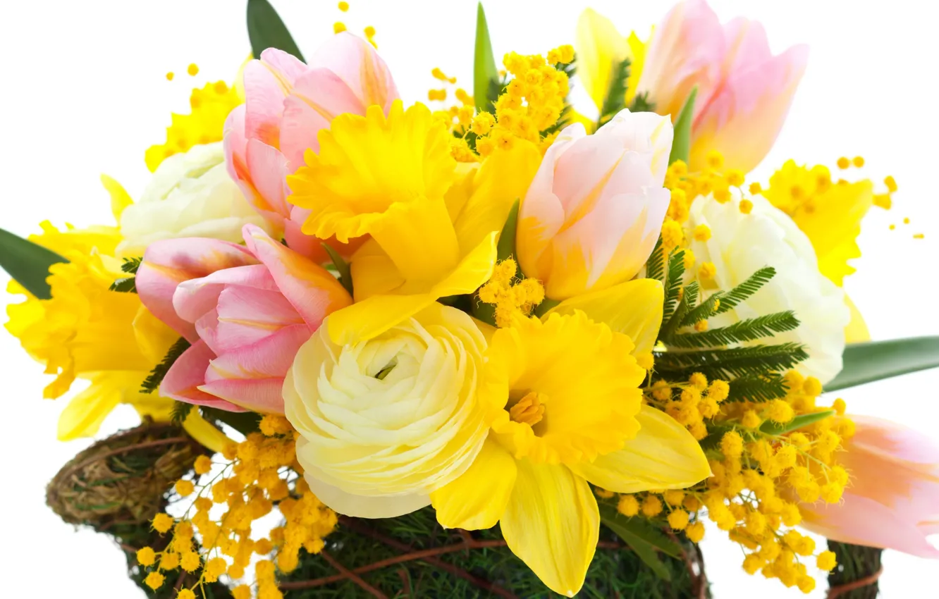 Photo wallpaper leaves, flowers, beauty, bouquet, petals, tulips, pink, yellow