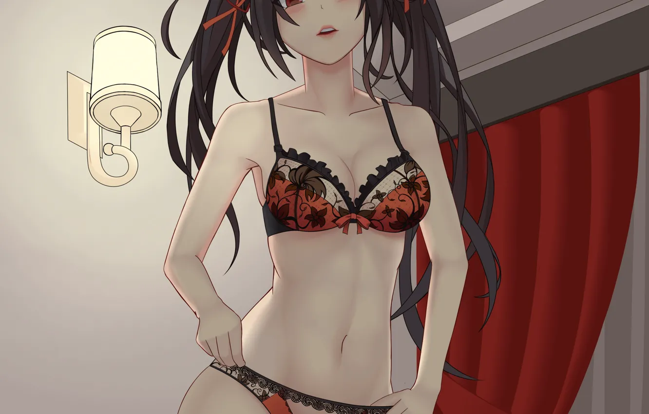 Photo wallpaper girl, sexy, lingerie, bra, cleavage, panties, thighhighs, long hair