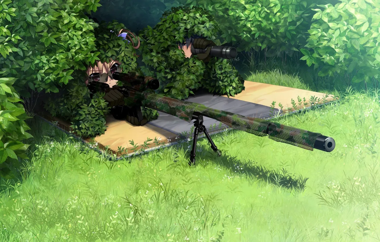 Photo wallpaper grass, girl, weapons, anime, art, glasses, the bushes