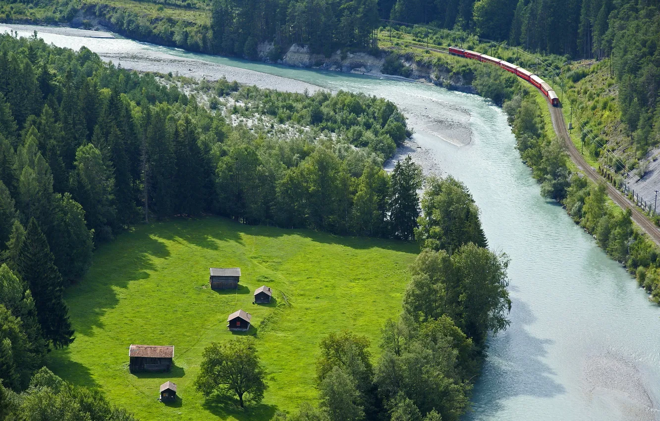 Photo wallpaper trees, mountains, house, river, train, valley, Alps