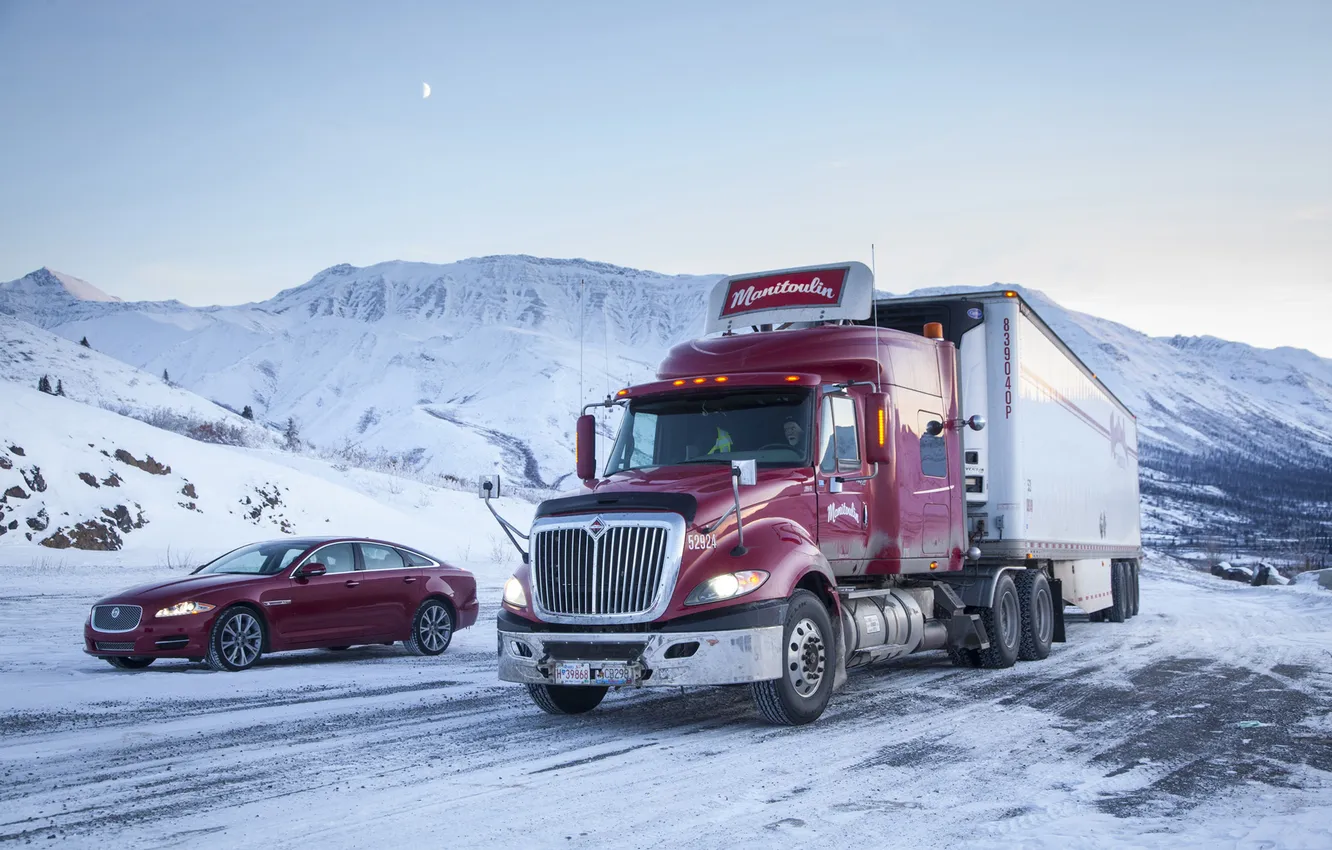 Photo wallpaper snow, Jaguar, Truck, and, tractor, Trak, mountains.background