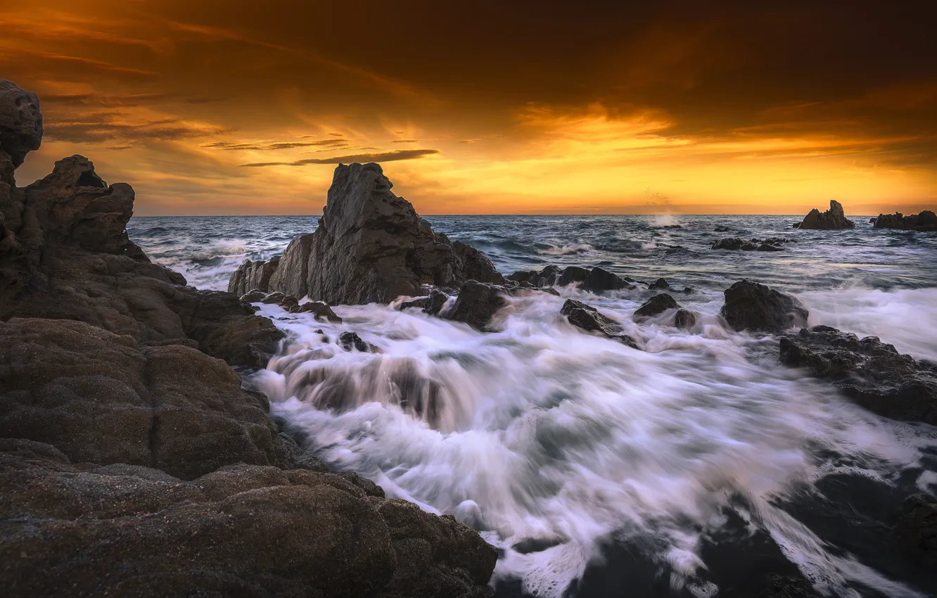 Photo wallpaper sea, wave, clouds, sunset, rocks, horizon, orange sky