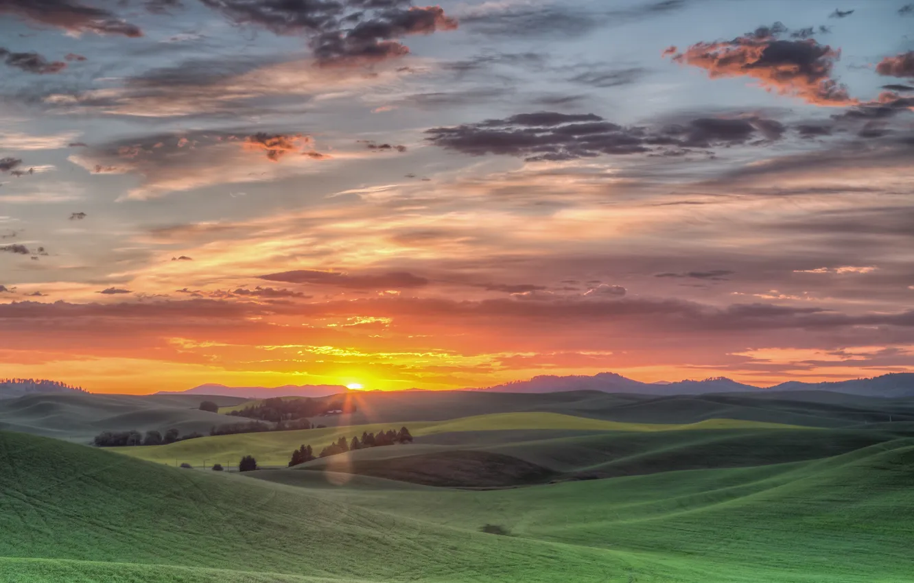 Photo wallpaper sunrise, hills, field, USA, Washington, Southeast