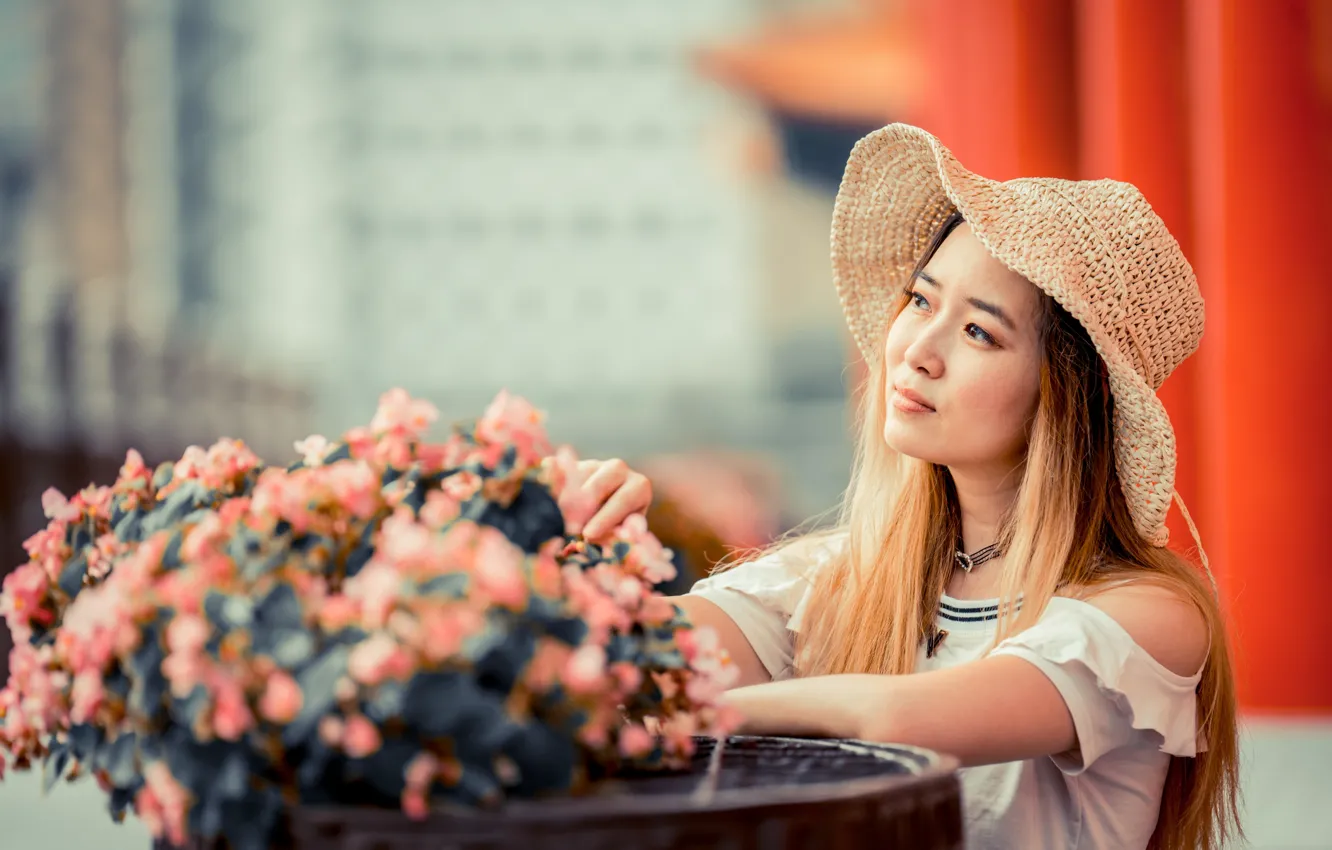 Photo wallpaper girl, flowers, bouquet, hat, Asian, cutie, bokeh