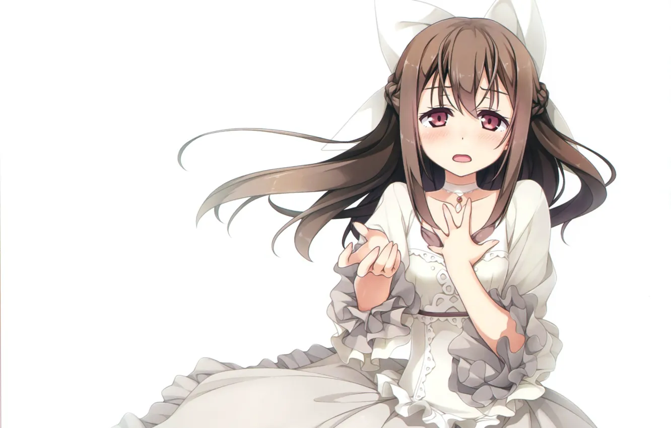 Photo wallpaper girl, bow, white dress, long hair, ruffles, stretched out his right hand, chalker, by kantoku