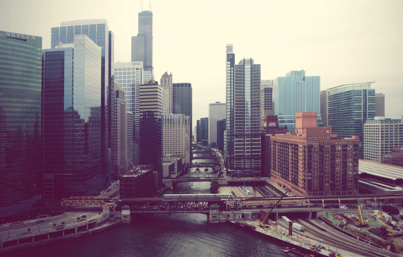 Photo wallpaper the city, fog, river, skyscrapers, Chicago, Illinois