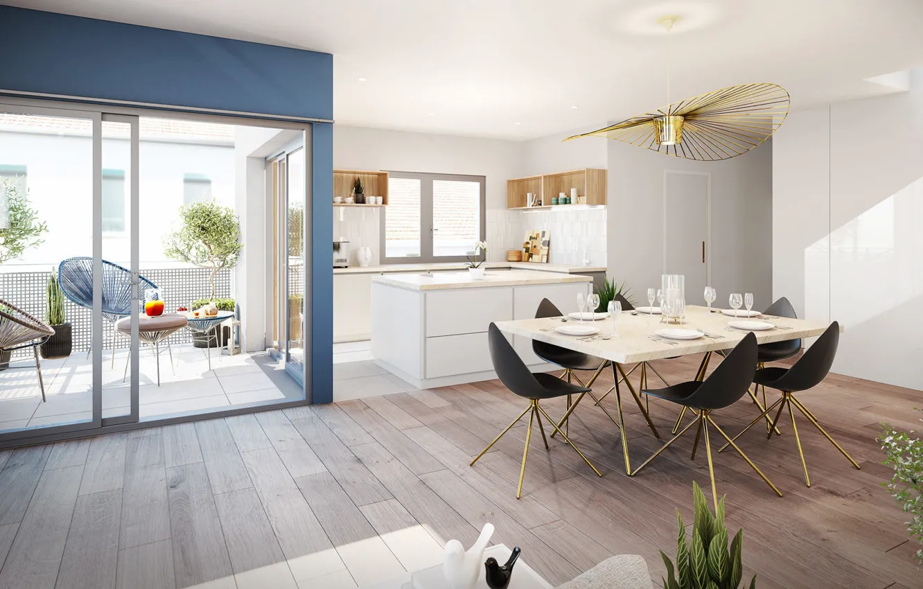 Photo wallpaper interior, kitchen, dining room, diagonal apartment in Lyon
