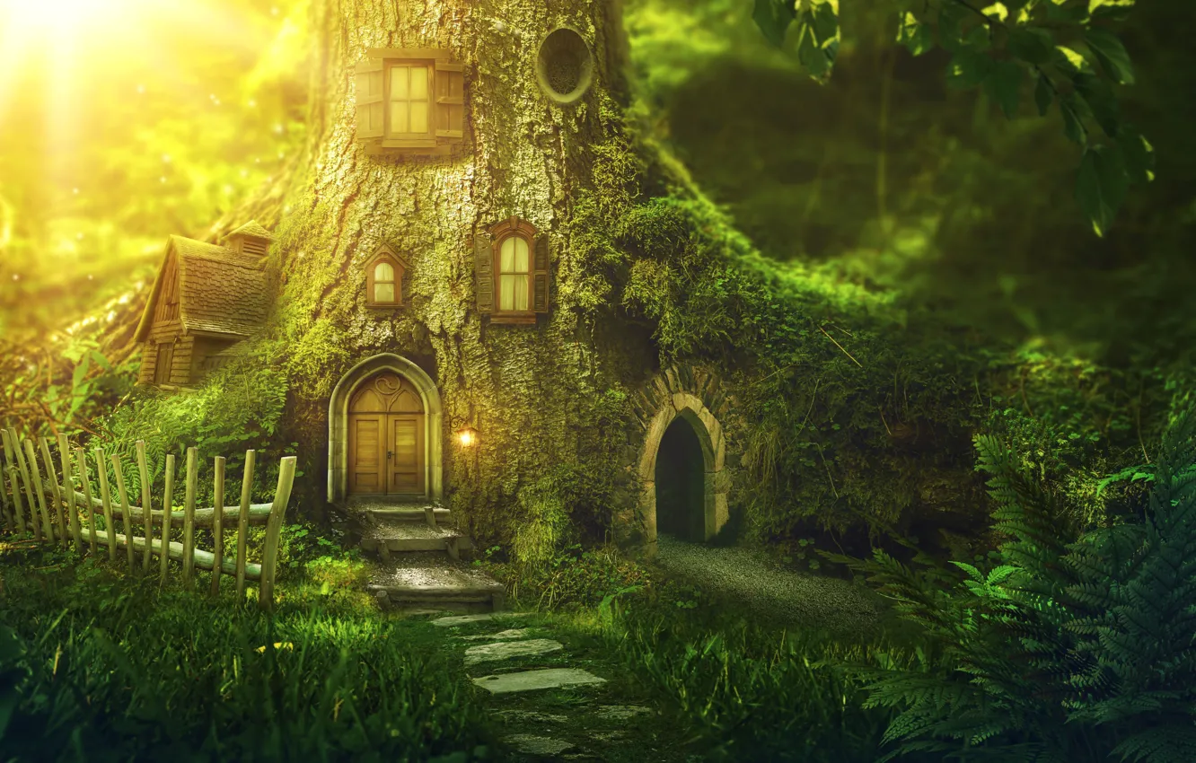 Photo wallpaper greens, summer, grass, leaves, macro, light, trees, nature