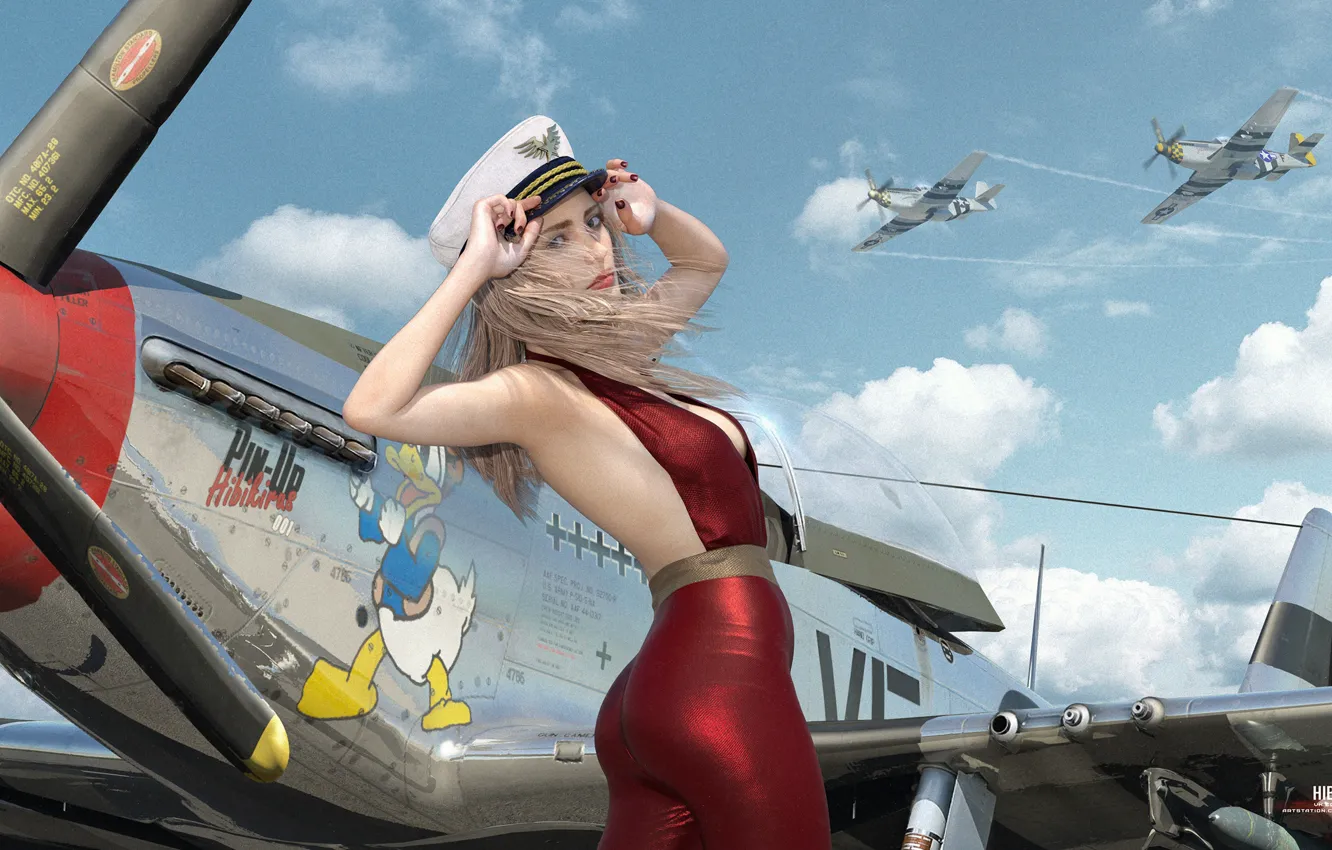 Photo wallpaper Mustang, girl, pinup, aircraft, art, model, P51, hibikirus