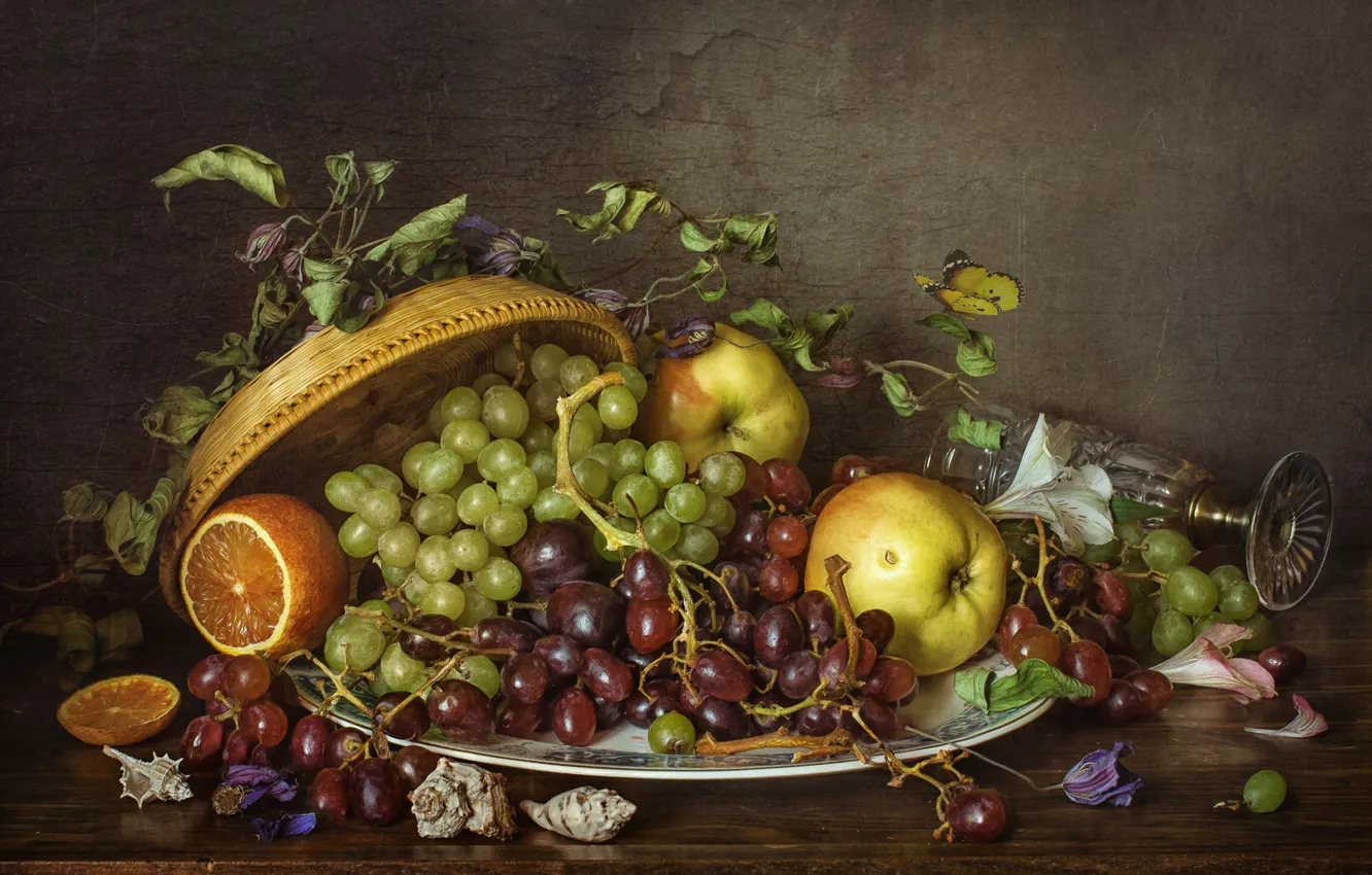Photo wallpaper apples, orange, plate, grapes, shell, still life