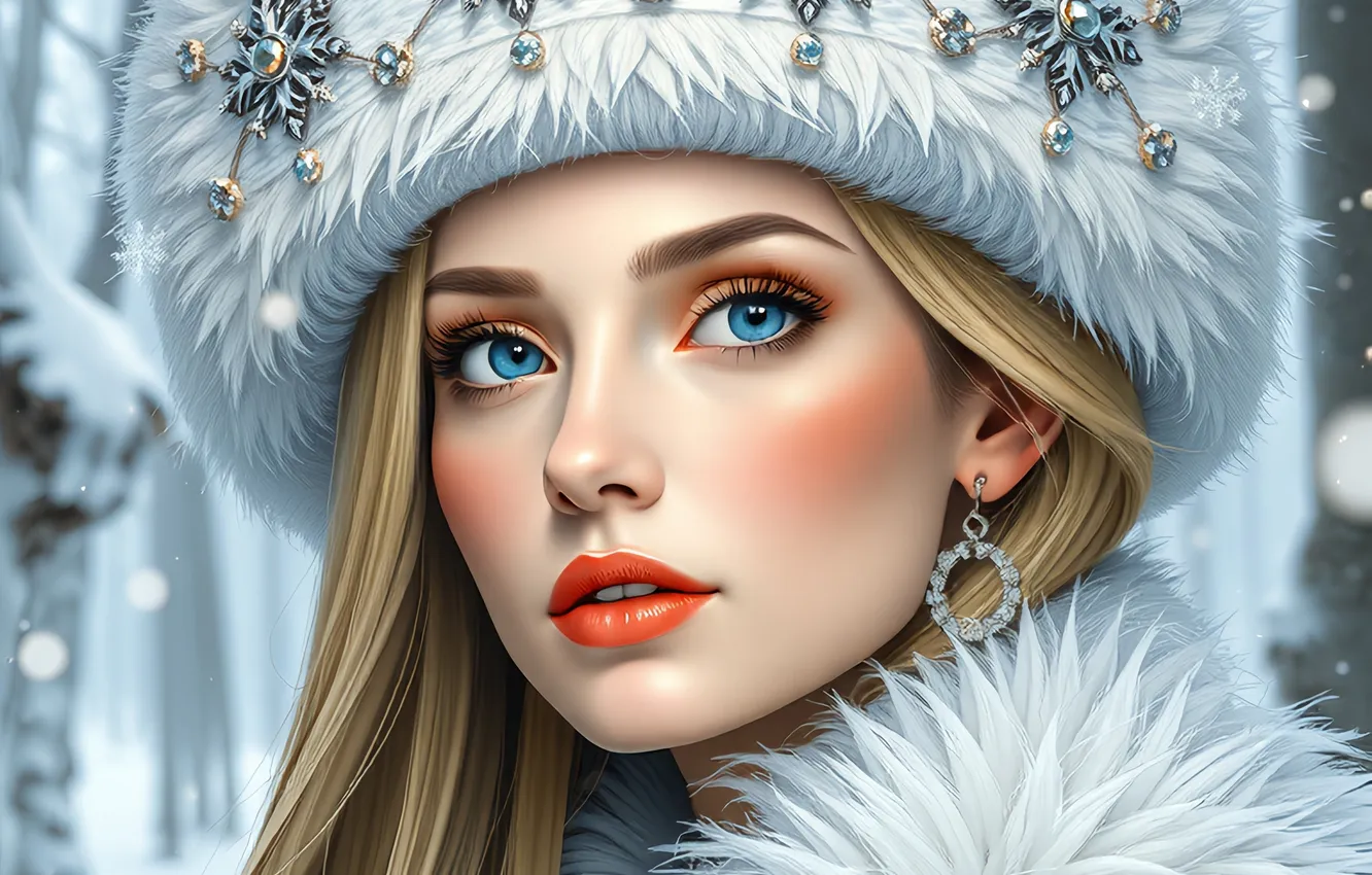 Photo wallpaper winter, girl, snow, decoration, snowflakes, hat, new year, Christmas