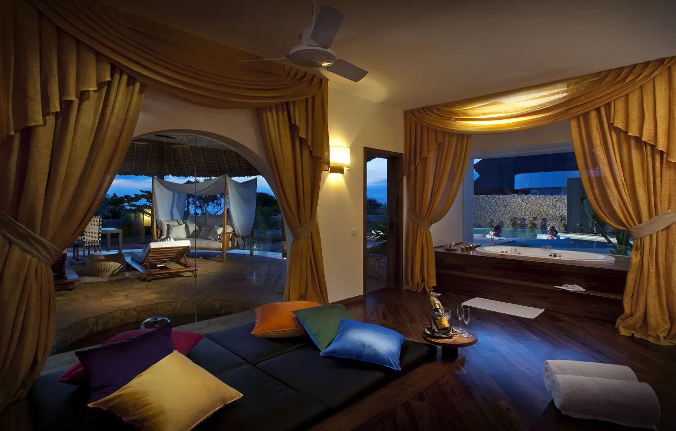 Photo wallpaper yellow, room, people, interior, the evening, pool, bathroom, curtains