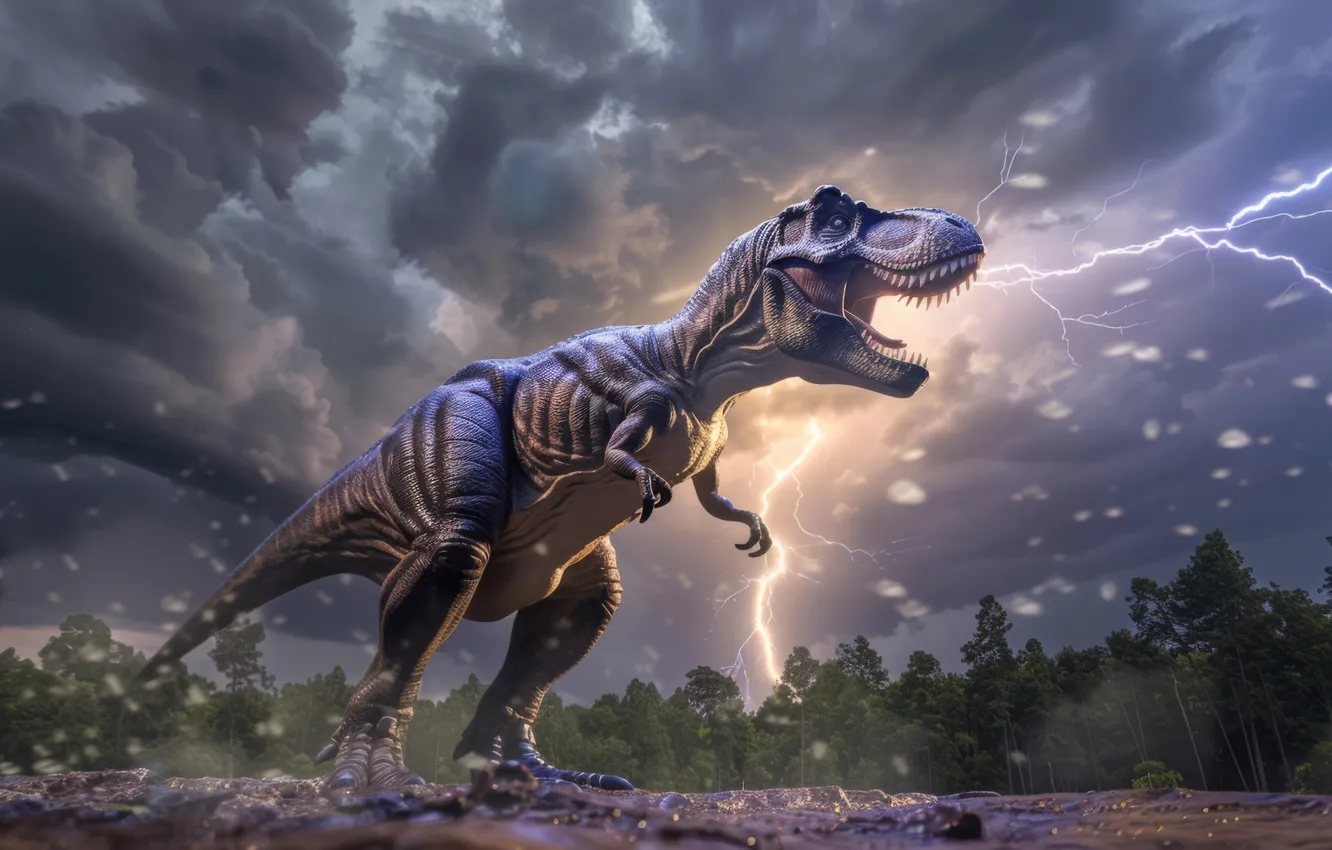 Photo wallpaper trees, clouds, animal, lightning, dinosaur, predator, grin, Tyrannosaurus