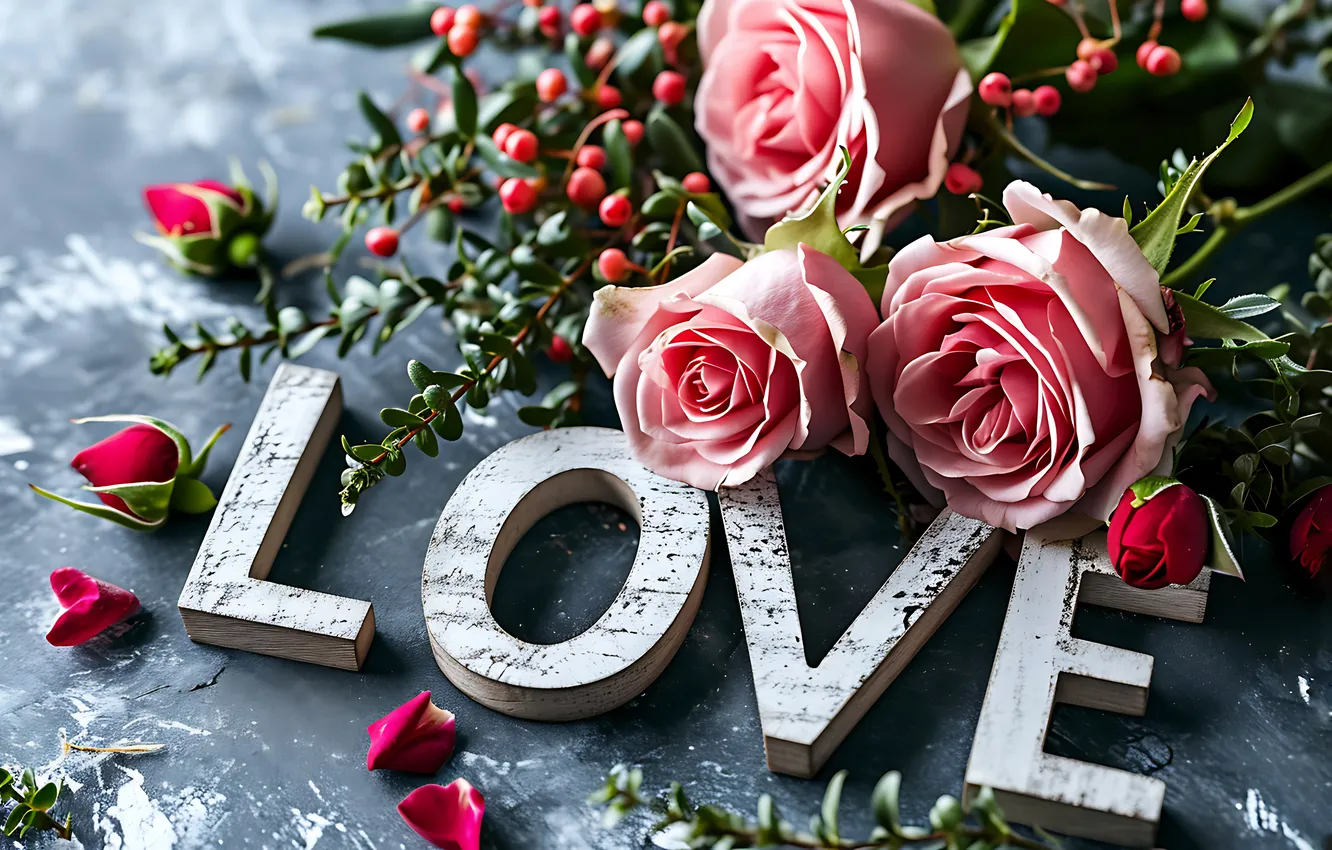 Photo wallpaper love, flowers, romance, heart, roses, love, Valentine's day, pink