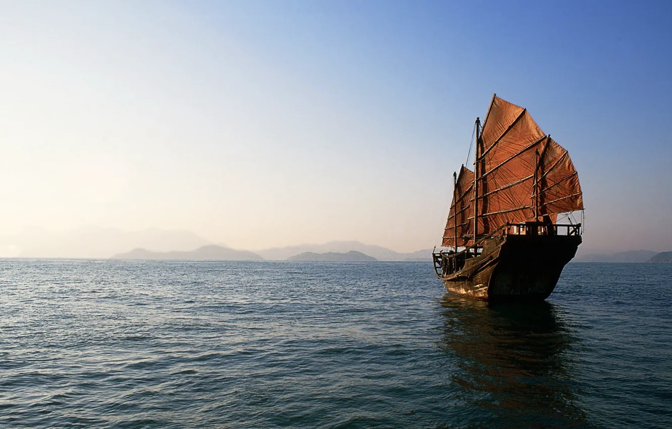 Photo wallpaper sea, ship, sail, junk