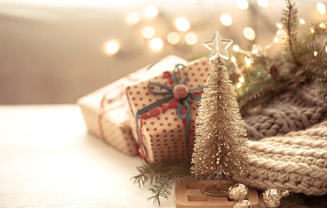 Photo wallpaper holiday, Christmas, gifts, New year, herringbone, needles, garland, box