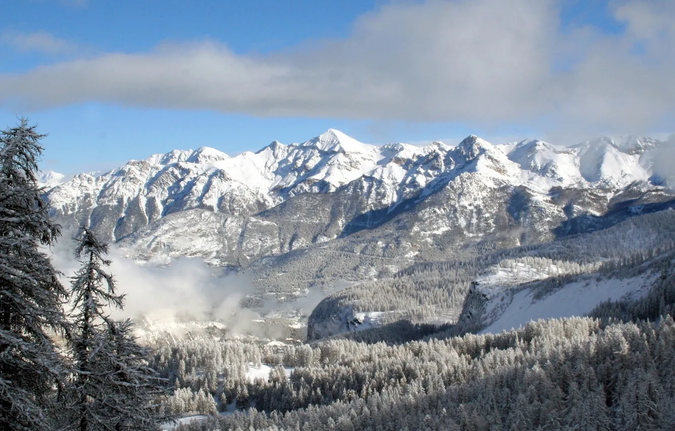 Photo wallpaper winter, forest, the sky, clouds, snow, trees, landscape, mountains