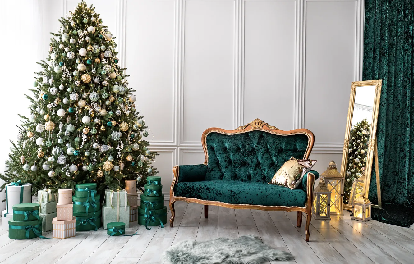 Photo wallpaper sofa, tree, interior, House, mirror, Star, Christmas, gifts
