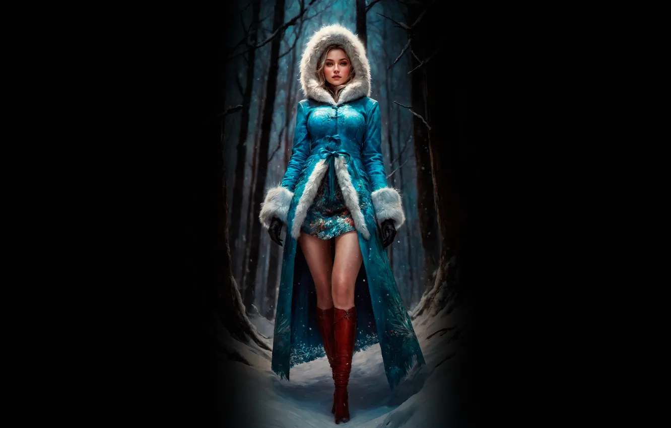 Photo wallpaper girl, new year, hood, maiden, coat, fur