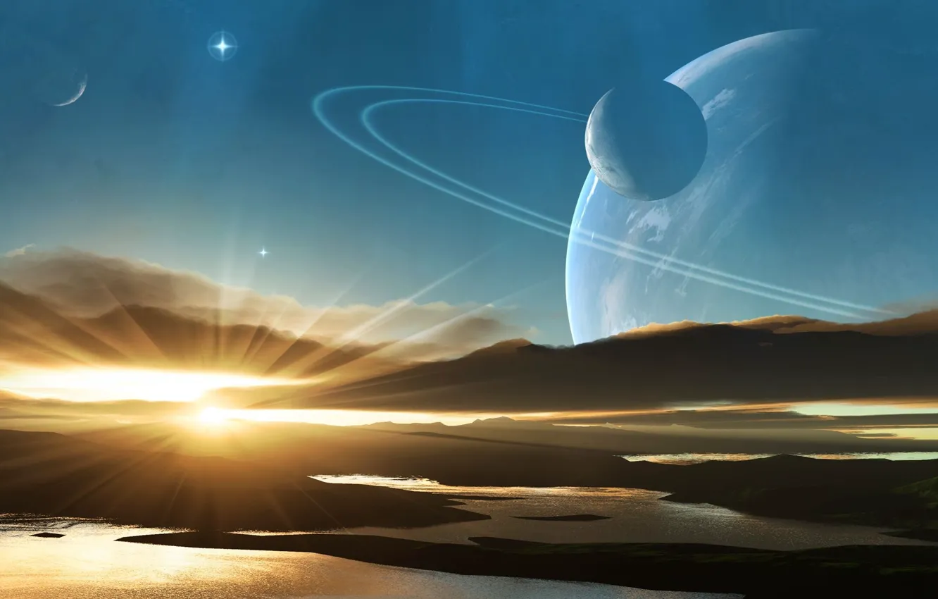 Photo wallpaper water, the sun, stars, sunrise, planet