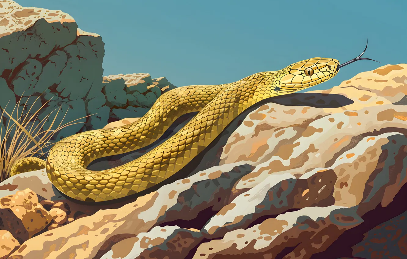 Photo wallpaper Snake, Stone, Art, Reptile, Animal, Digital art, AI art, The Art of Artificial Intelligence