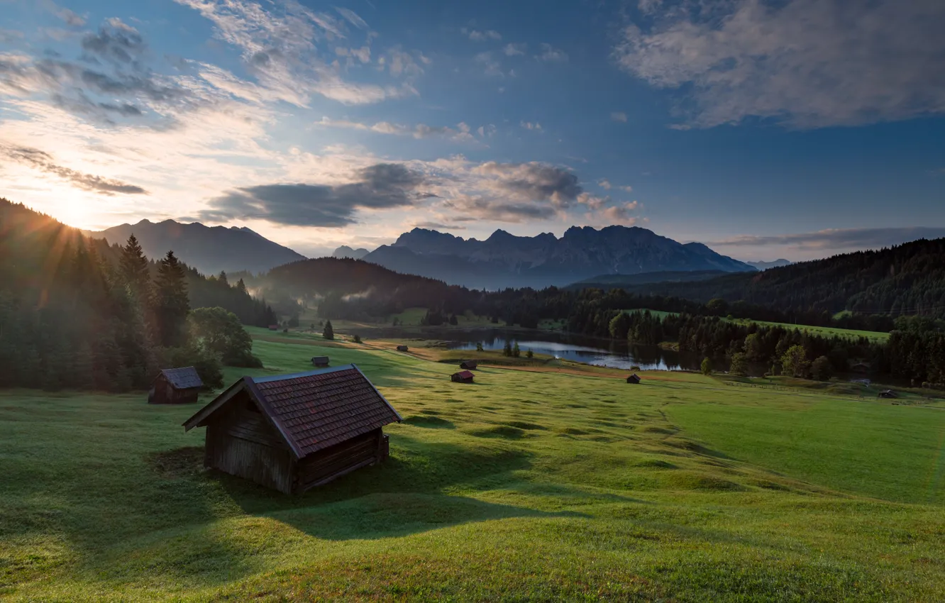 Photo wallpaper field, forest, summer, the sky, the sun, clouds, light, mountains