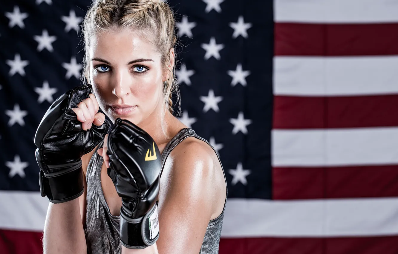 Photo wallpaper blonde, American flag, martial arts pose