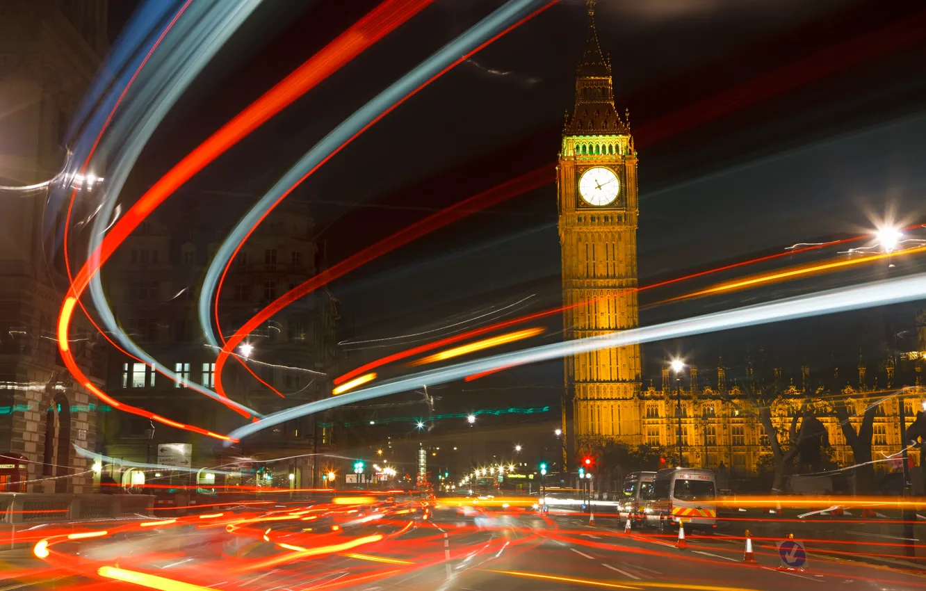 Photo wallpaper night, the city, lights, England, London, big Ben