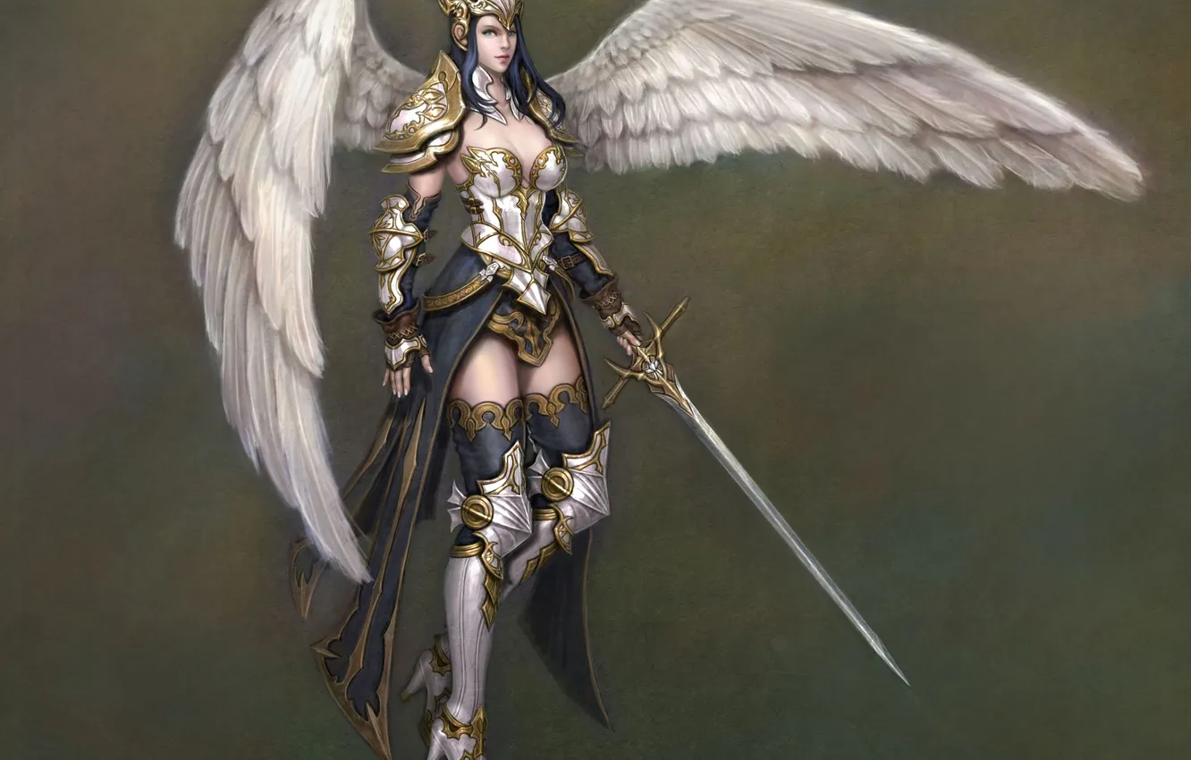 Photo wallpaper girl, background, wings, angel, sword, art, armor