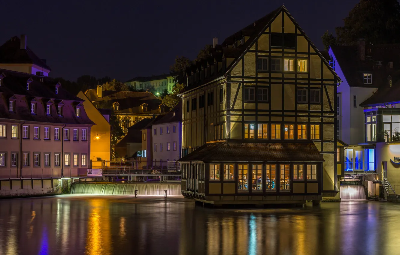 Photo wallpaper night, bridge, lights, river, home, Germany, Bamberg