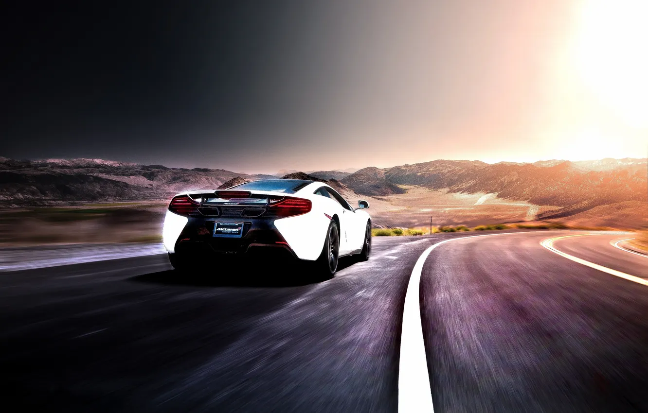 Photo wallpaper road, white, the sun, mountains, McLaren, speed, white, rear view