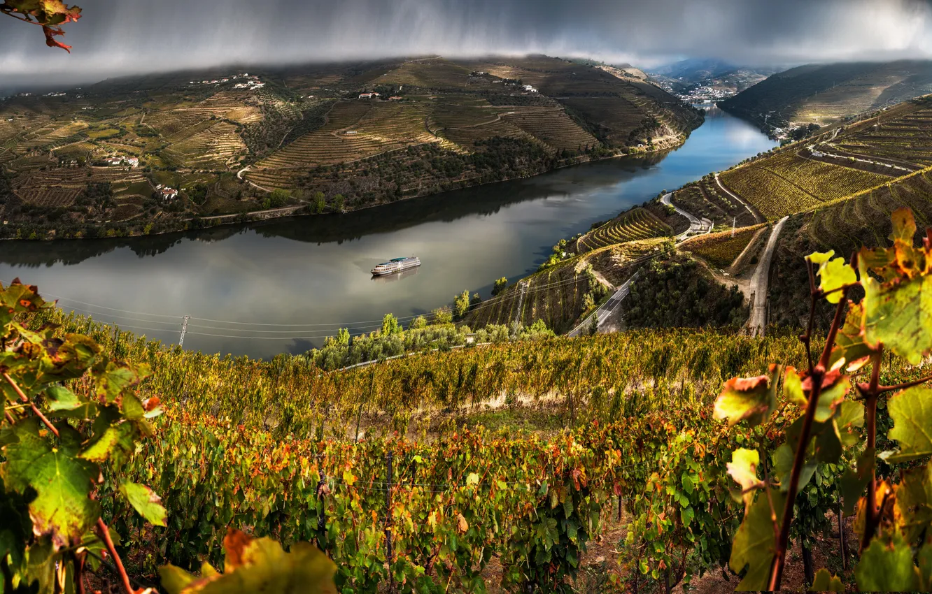 Photo wallpaper clouds, river, rain, field, Portugal, plantation, ship, Valenca Do Douro