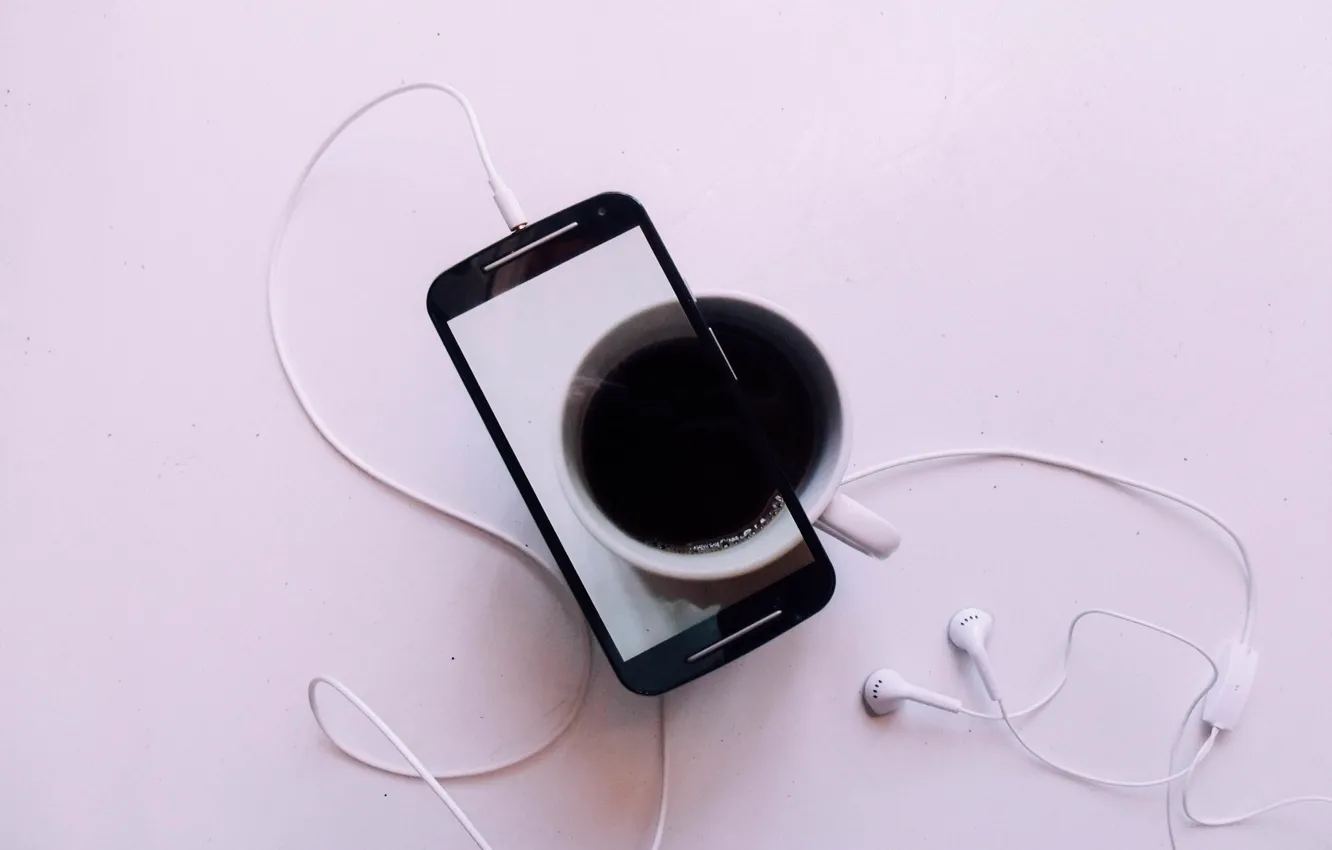 Photo wallpaper cup, coffee, picture, cell phone, earphone