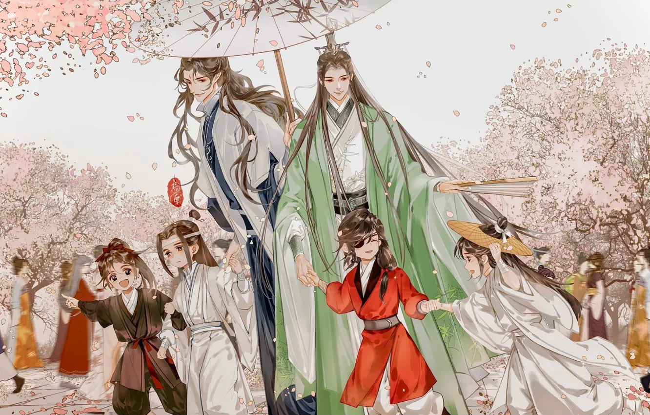 Photo wallpaper children, cherry, male, walk, flowering, Mo Dao Zu Shi, Wangji Lan, Wuxian Wei