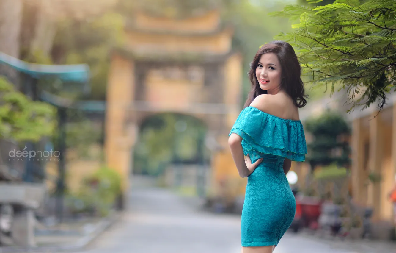 Photo wallpaper girl, Park, dress, Asian, bokeh