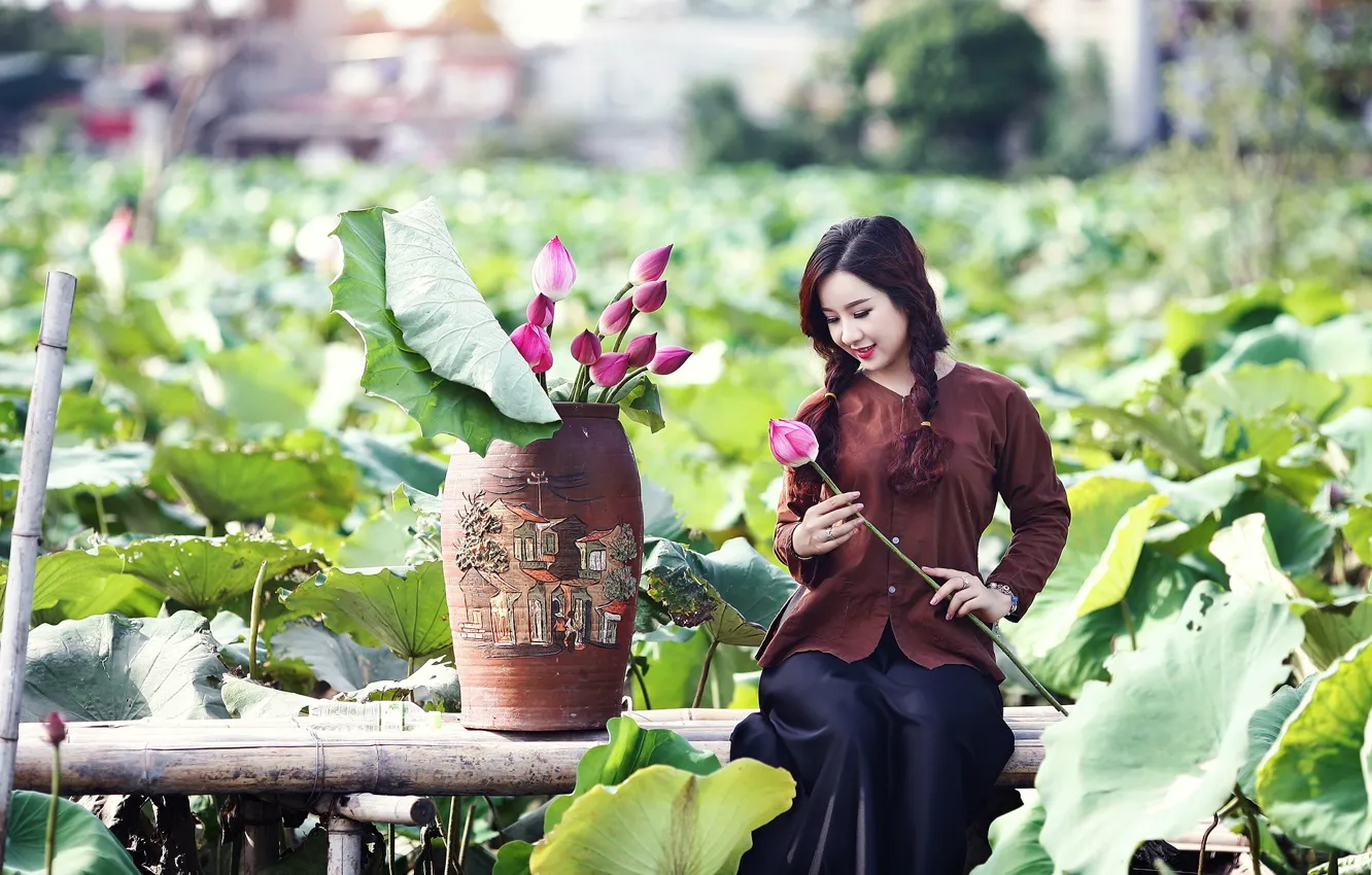 Photo wallpaper girl, flowers, nature