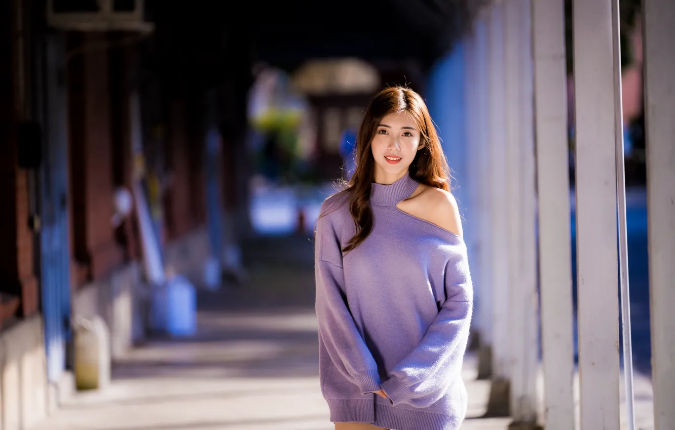 Photo wallpaper look, girl, brown hair, Asian, cutie, sweater, bokeh
