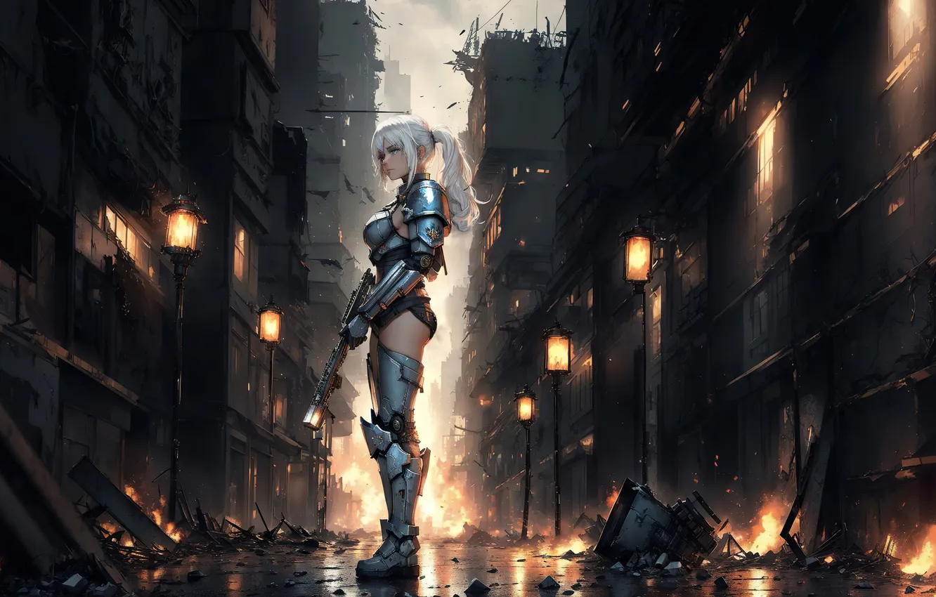 Photo wallpaper girl, lights, fiction, war, street, destruction, armor, panache