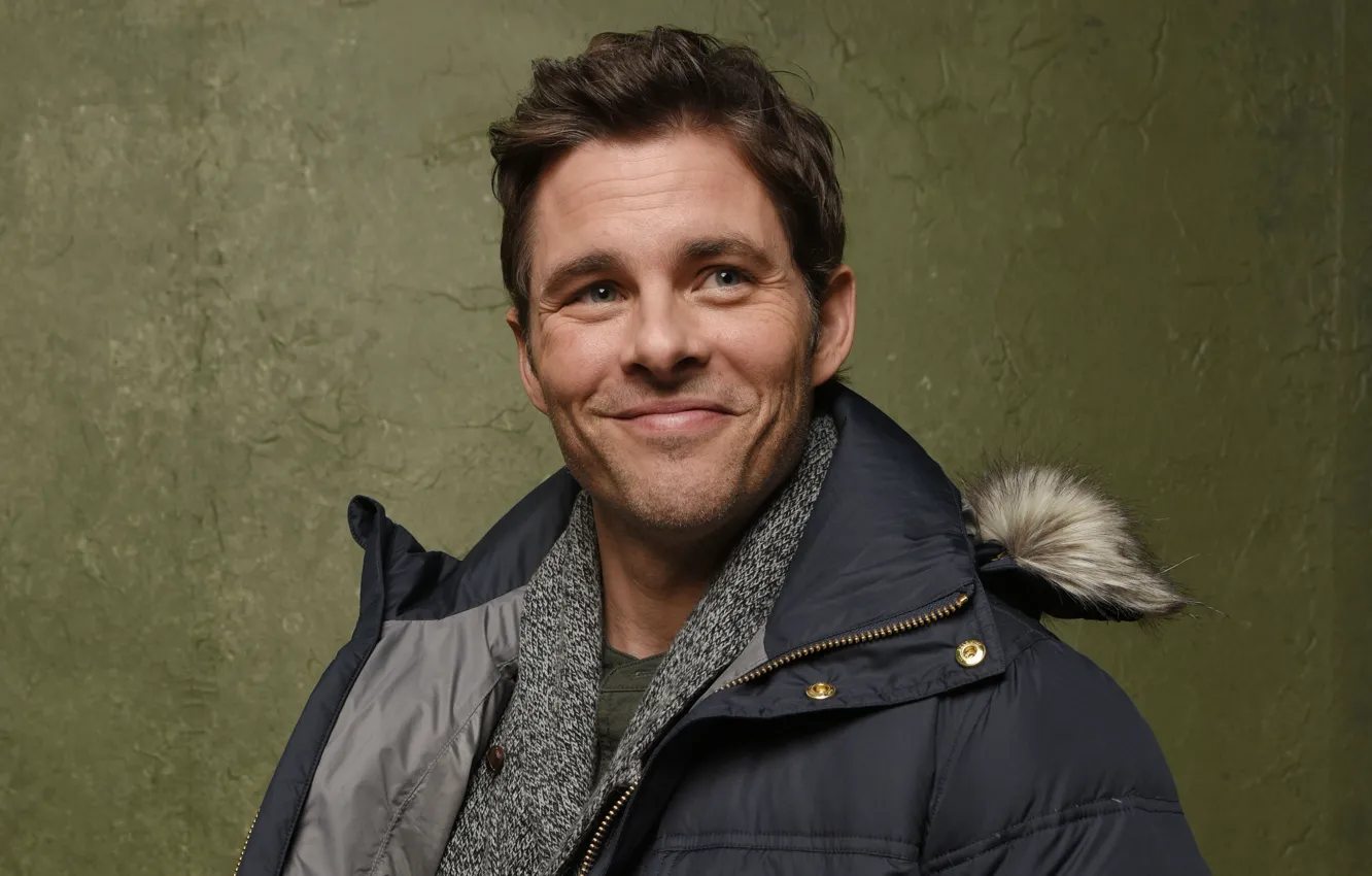 Photo wallpaper smile, background, wall, portrait, scarf, jacket, actor, photoshoot