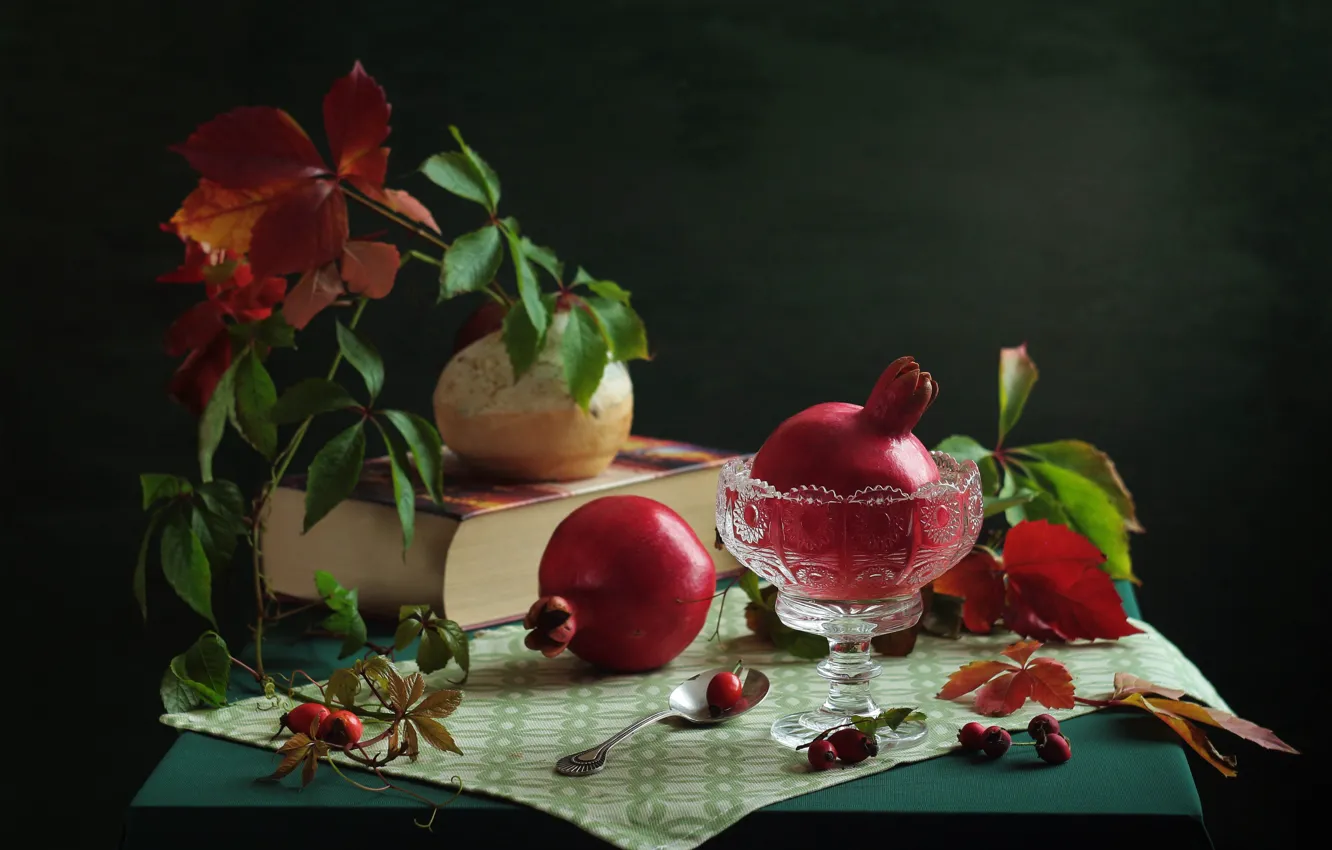 Photo wallpaper leaves, table, food, fruit, briar, spoon, book, fruit