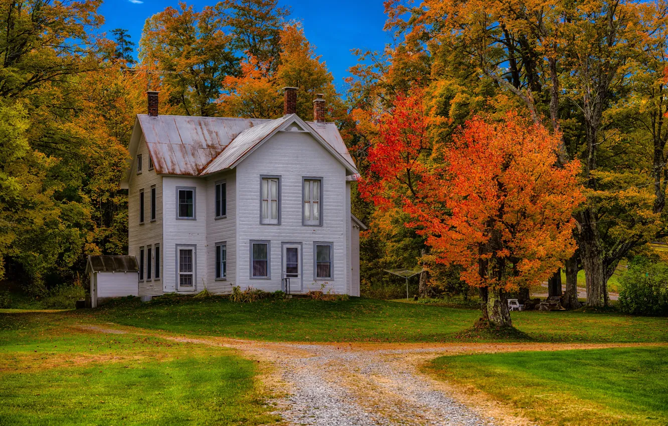 Photo wallpaper road, autumn, grass, trees, house, New York, USA, mansion