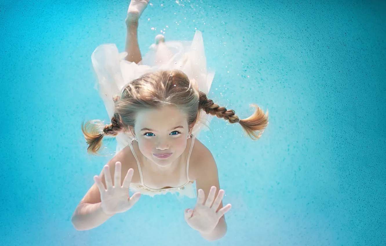 Photo wallpaper girl, braids, under water, swimming, Happy Summer