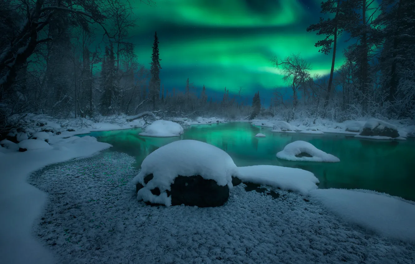 Photo wallpaper winter, forest, snow, trees, river, Northern lights, Russia, The Kola Peninsula