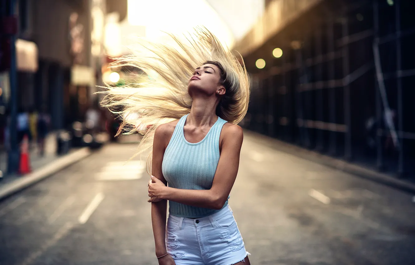 Photo wallpaper girl, street, hair, stroke, natural light, Kristin