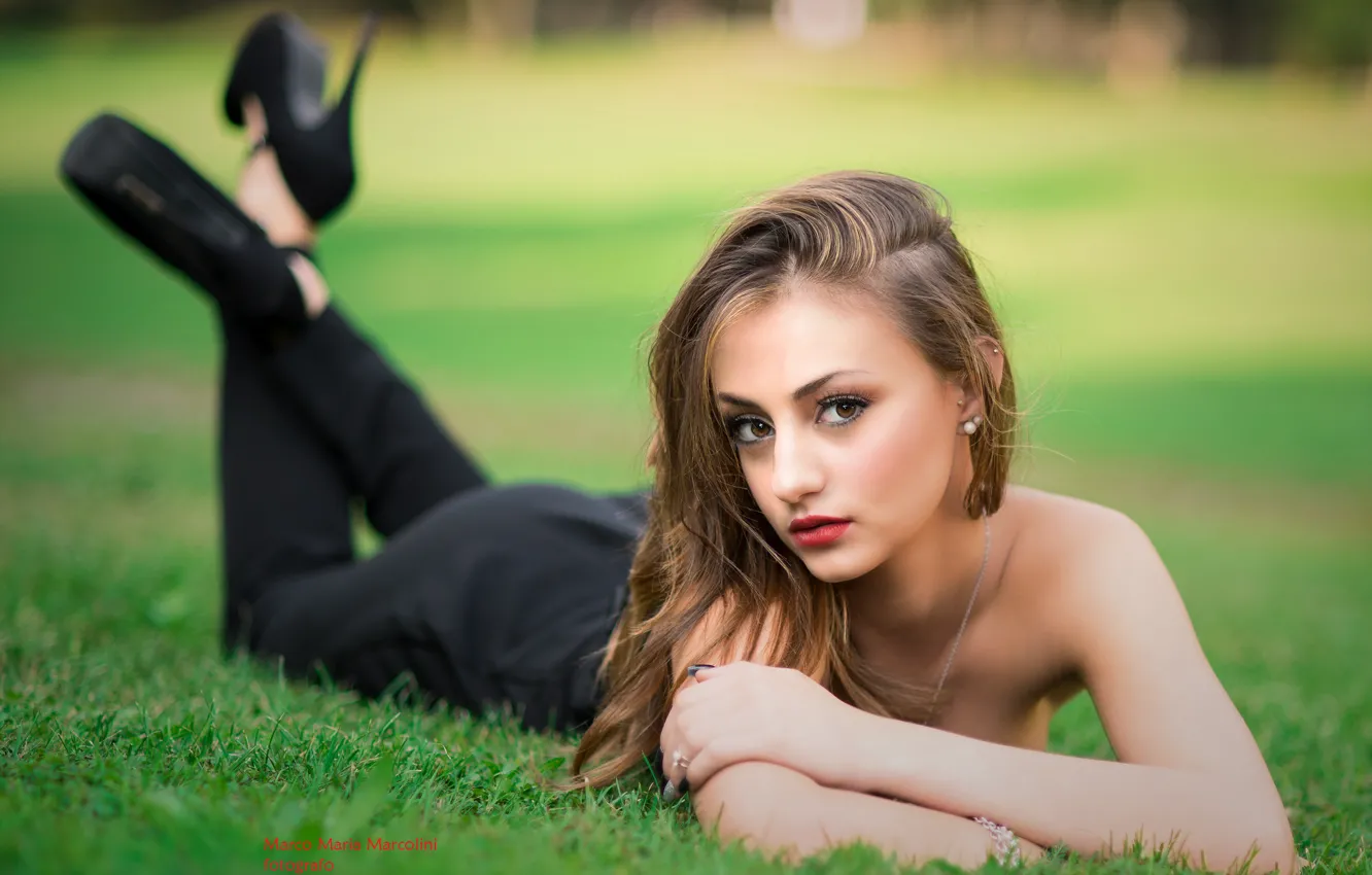 Photo wallpaper grass, look, girl, nature, pose, makeup, shoes, brown hair