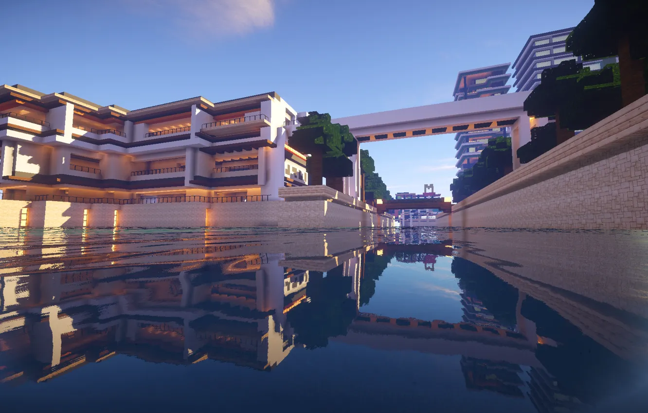 Photo wallpaper the sky, water, reflection, building, minecraft