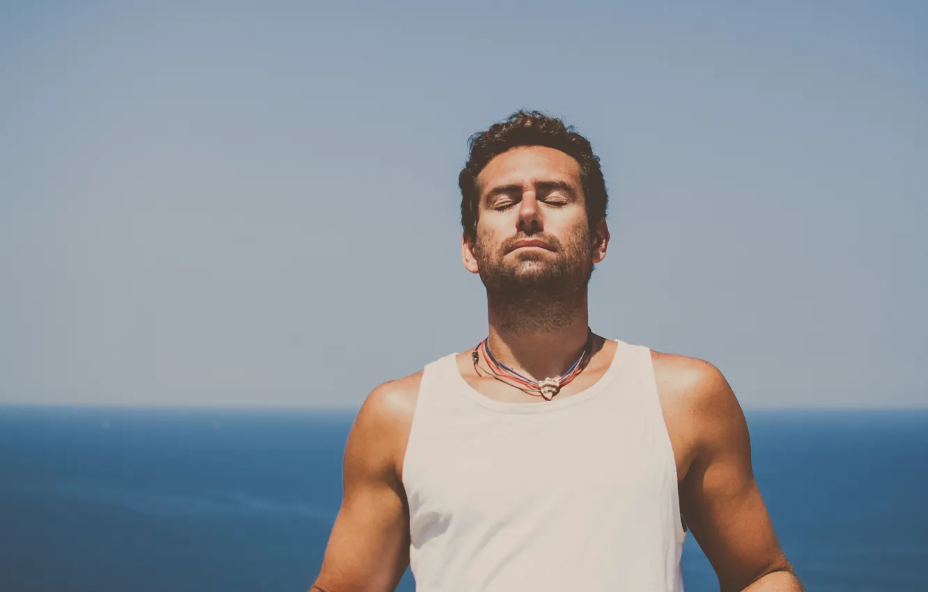 Photo wallpaper sea, the sky, calm, necklace, horizon, male